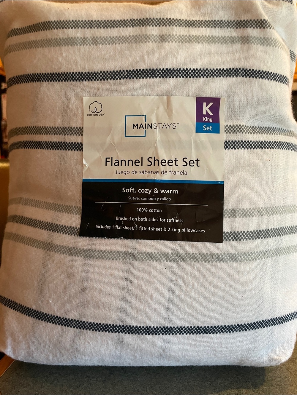 New Mainstays King Flannel Sheet Set in White with Black Stripes